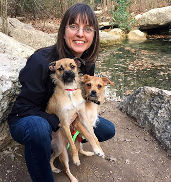 Dr. Lisa Harrington with her dogs, AT-AT and Usidore