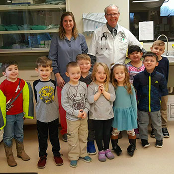 A preschool class visiting Laughery Valley Veterinary Hospital